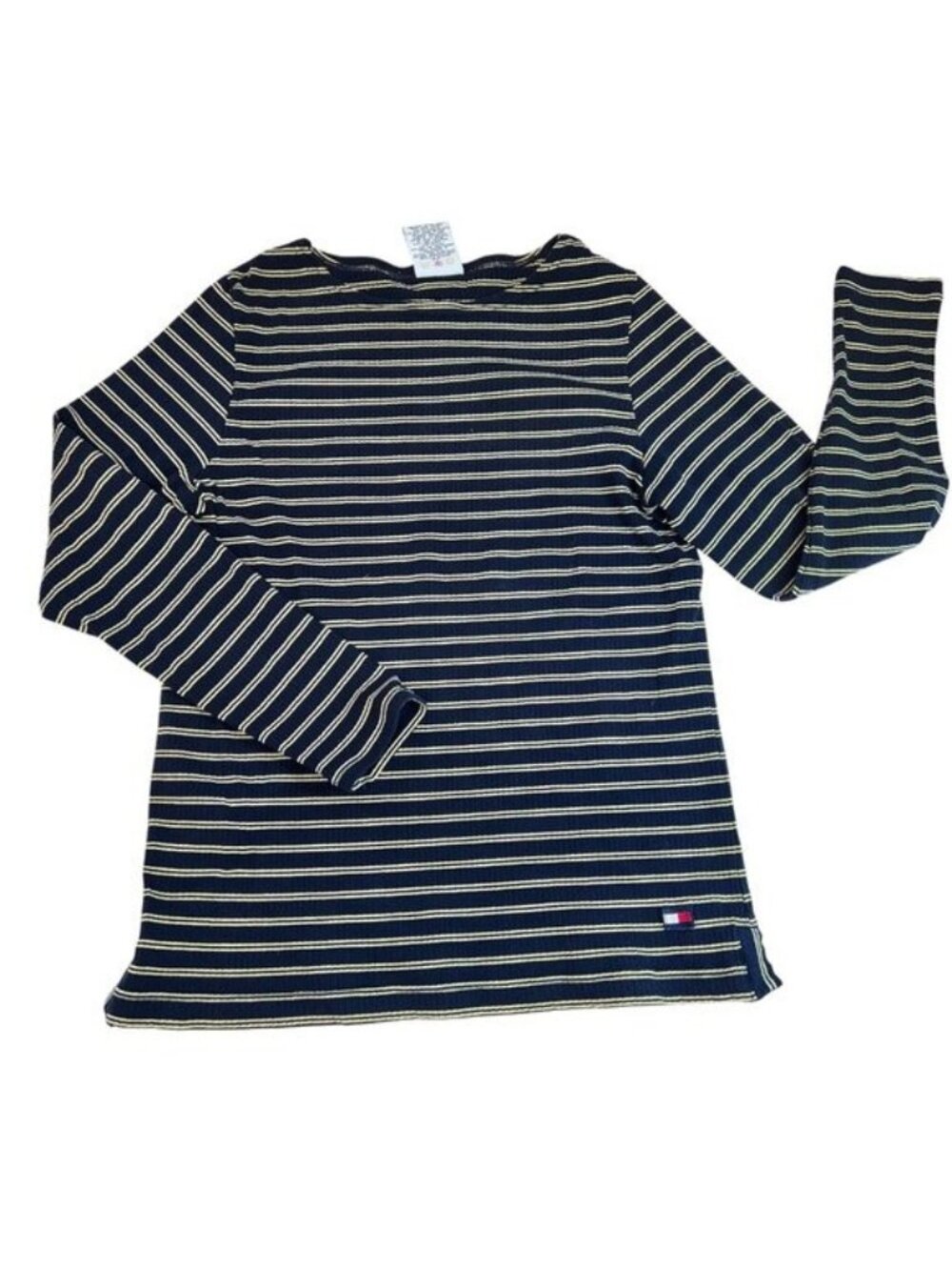 Tommy Hilfiger Ladies Navy & Cream Striped Long Sleeve Shirt Ribbed Cotton Blend